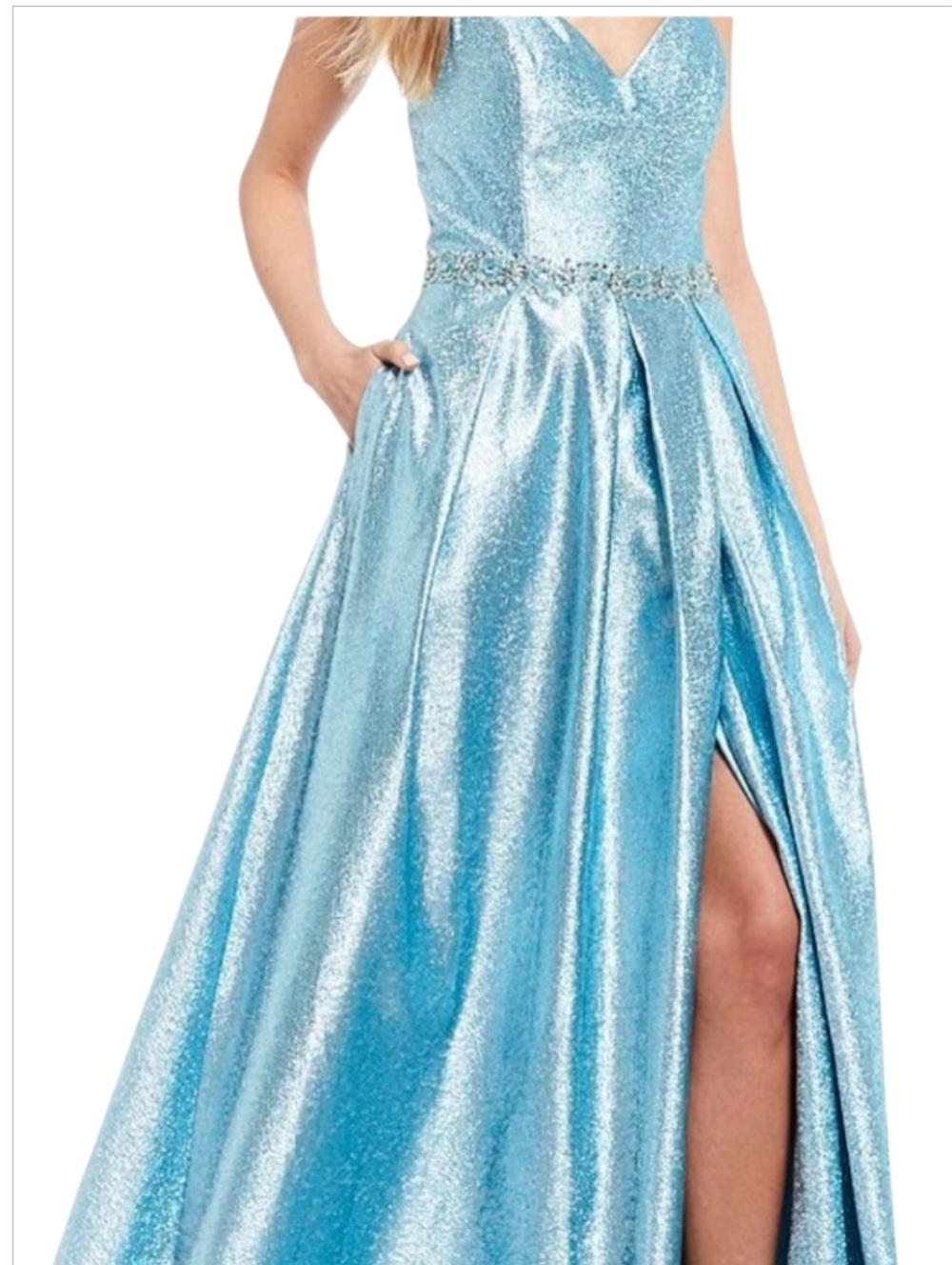 Coya Collection V-Neck Beaded Waist High Slit Prom Dress Ice Blue XS